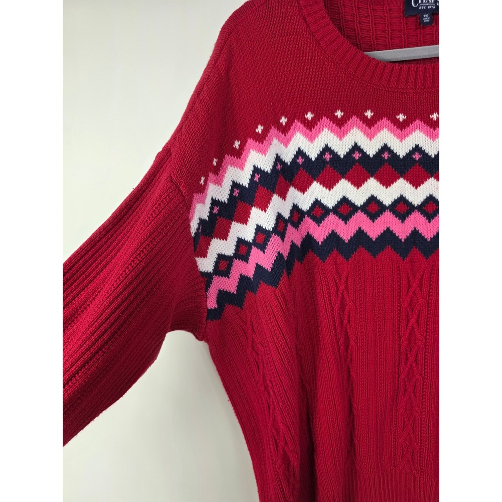 Chaps Women's 3X Red Fair Isle Cable Knit Sweater Crewneck Pink Navy White - Picture 2 of 5